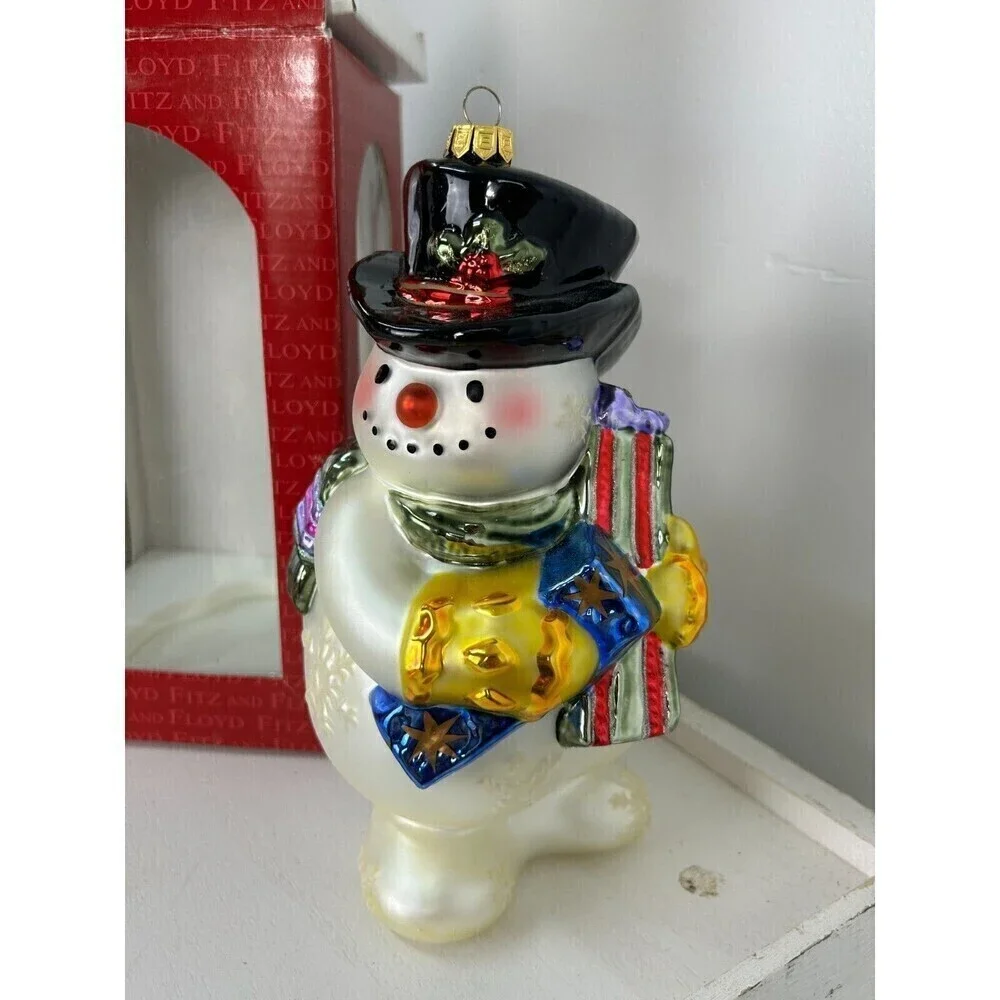 Vintage Fitz And Floyd Frosty Flakes Snowman Large Hand Blown Glass Ornament Rk